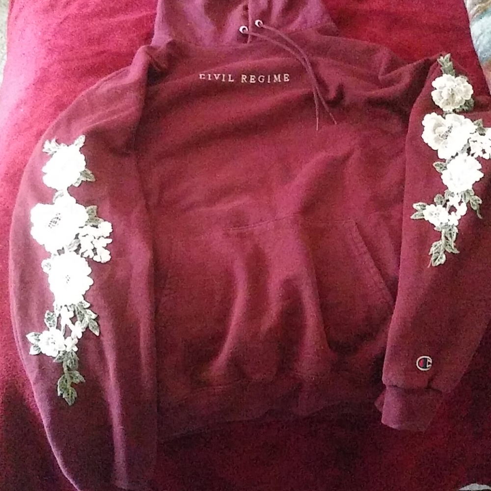 Burgundy Civil Regime x Champion floral hoodie